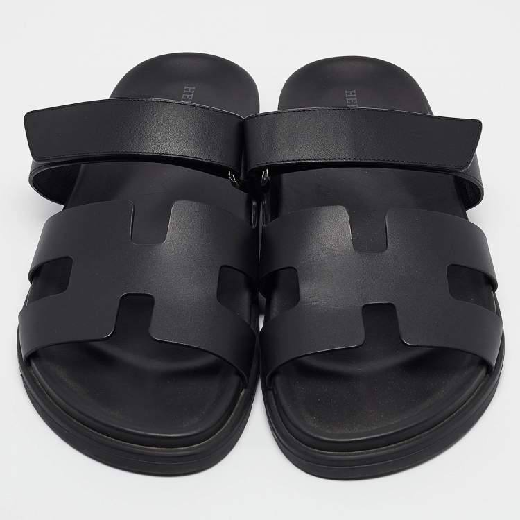 Pre Owned Hermes Black Leather Chypre Flat Sandals Size 40