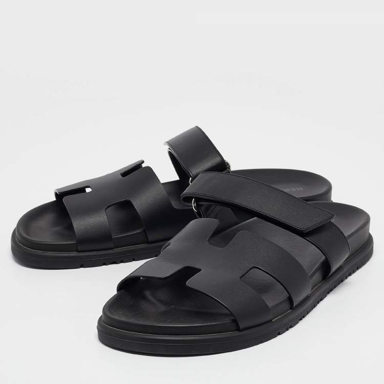 Pre Owned Hermes Black Leather Chypre Flat Sandals Size 40