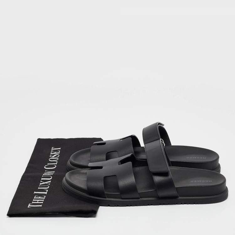 Pre Owned Hermes Black Leather Chypre Flat Sandals Size 40