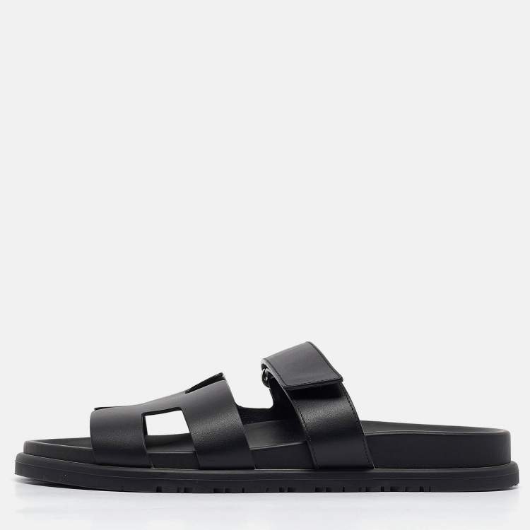 Pre Owned Hermes Black Leather Chypre Flat Sandals Size 40