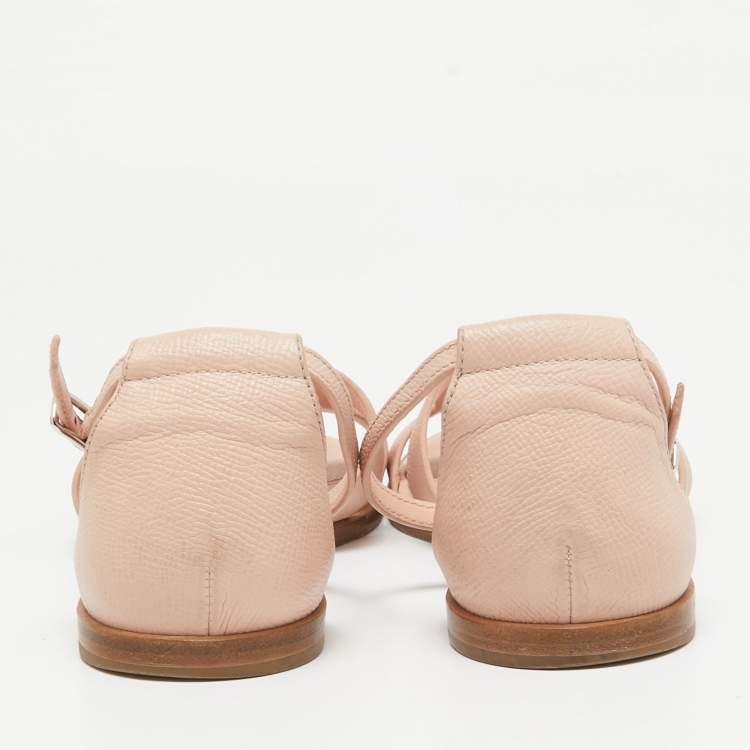 Pre Owned Hermes Pink Leather Santorini Ankle Strap Flat Sandals Size 38