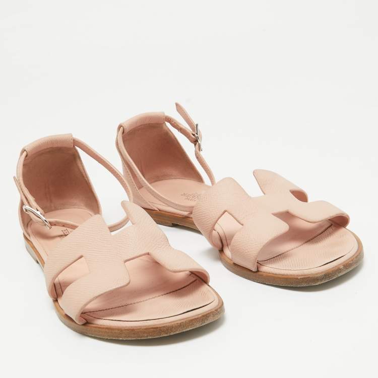 Pre Owned Hermes Pink Leather Santorini Ankle Strap Flat Sandals Size 38