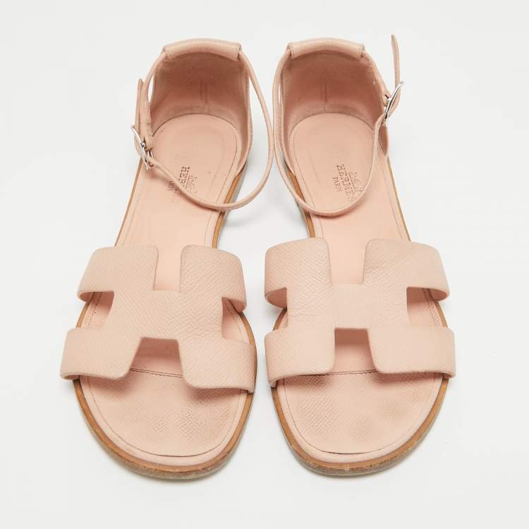 Pre Owned Hermes Pink Leather Santorini Ankle Strap Flat Sandals Size 38