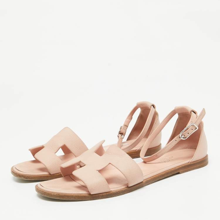Pre Owned Hermes Pink Leather Santorini Ankle Strap Flat Sandals Size 38