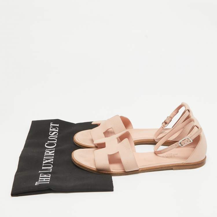 Pre Owned Hermes Pink Leather Santorini Ankle Strap Flat Sandals Size 38