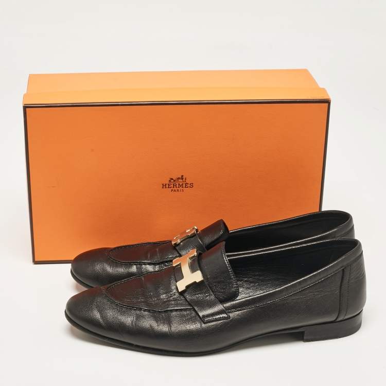 Pre Owned Hermes Black Leather Paris Loafers Size 39