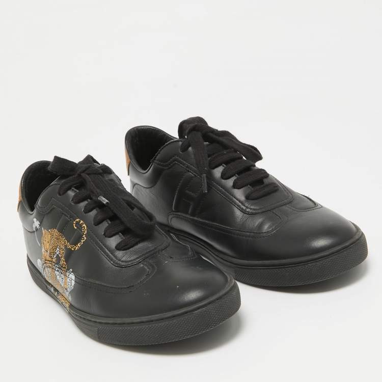 Pre Owned Hermes Black/Brown Leather Jaguar Quicker Sneakers Size 38