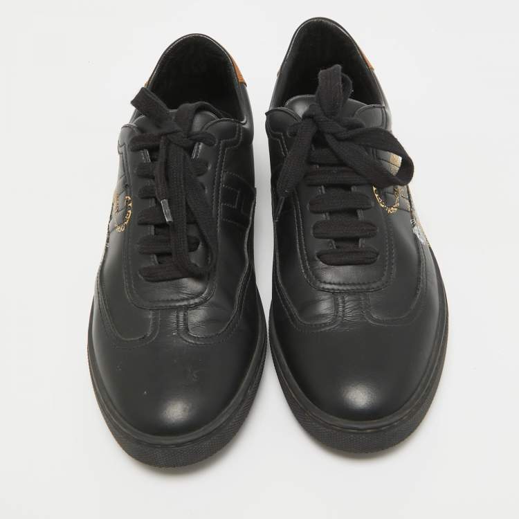 Pre Owned Hermes Black/Brown Leather Jaguar Quicker Sneakers Size 38