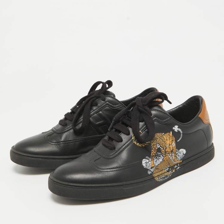 Pre Owned Hermes Black/Brown Leather Jaguar Quicker Sneakers Size 38