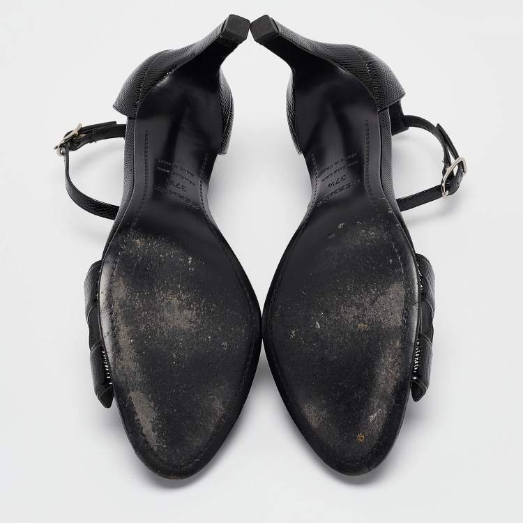 Pre Owned Hermes Black Patent Leather Premiere 70 Ankle Strap Sandals Size 37.5