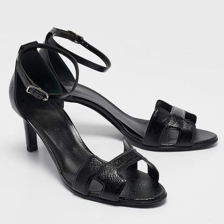 Pre Owned Hermes Black Patent Leather Premiere 70 Ankle Strap Sandals Size 37.5