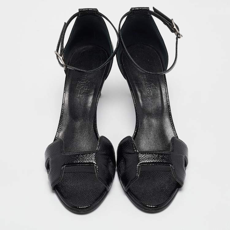 Pre Owned Hermes Black Patent Leather Premiere 70 Ankle Strap Sandals Size 37.5
