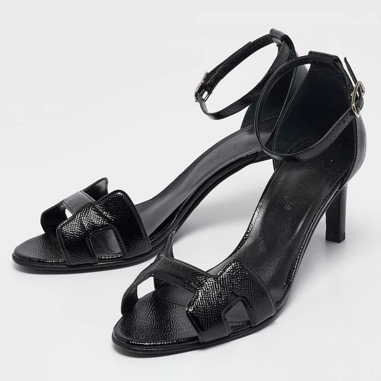 Pre Owned Hermes Black Patent Leather Premiere 70 Ankle Strap Sandals Size 37.5