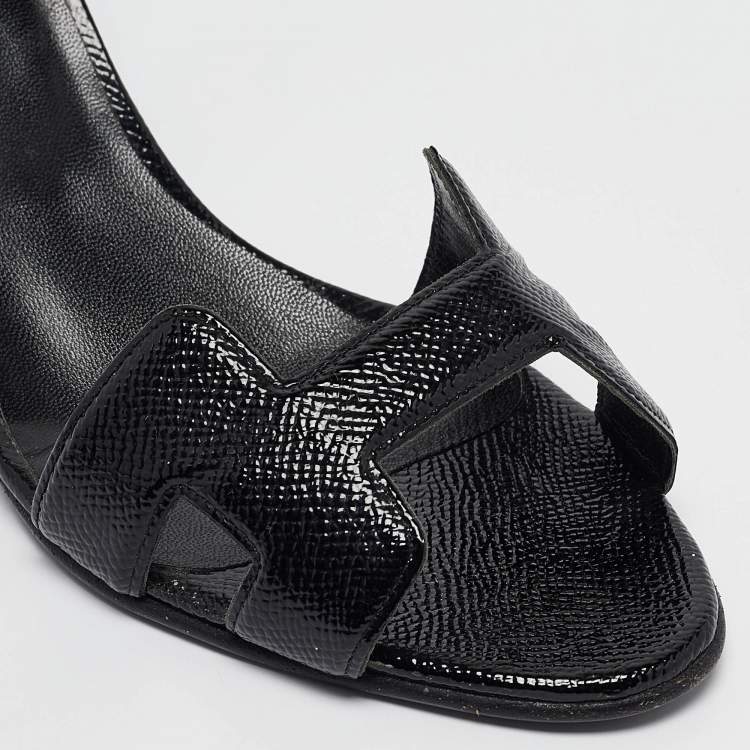 Pre Owned Hermes Black Patent Leather Premiere 70 Ankle Strap Sandals Size 37.5
