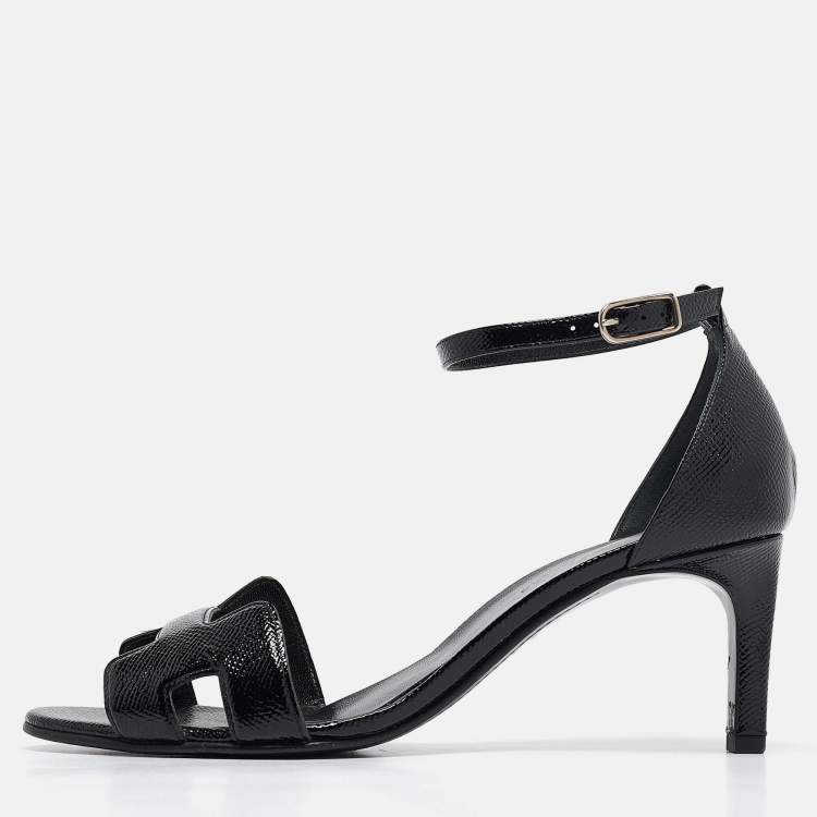 Pre Owned Hermes Black Patent Leather Premiere 70 Ankle Strap Sandals Size 37.5