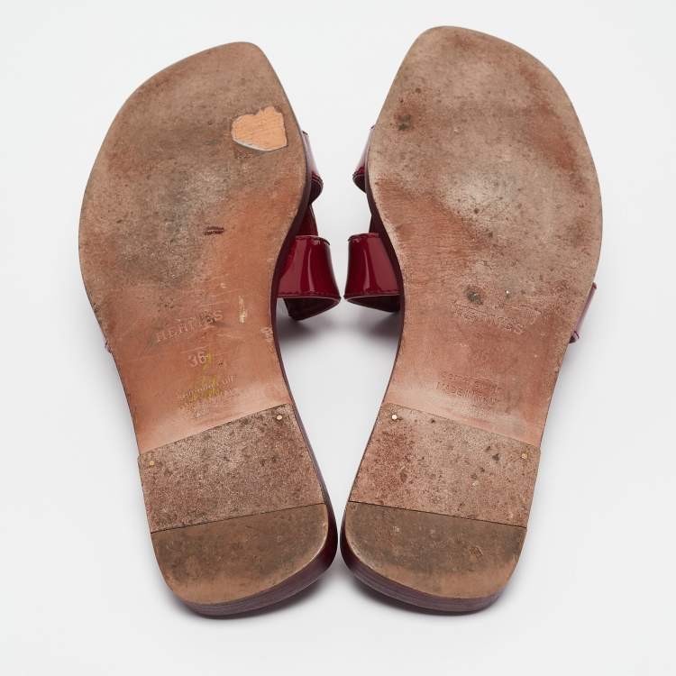 Pre Owned Hermes Burgundy Patent Leather Oran Flat Slides Size 36