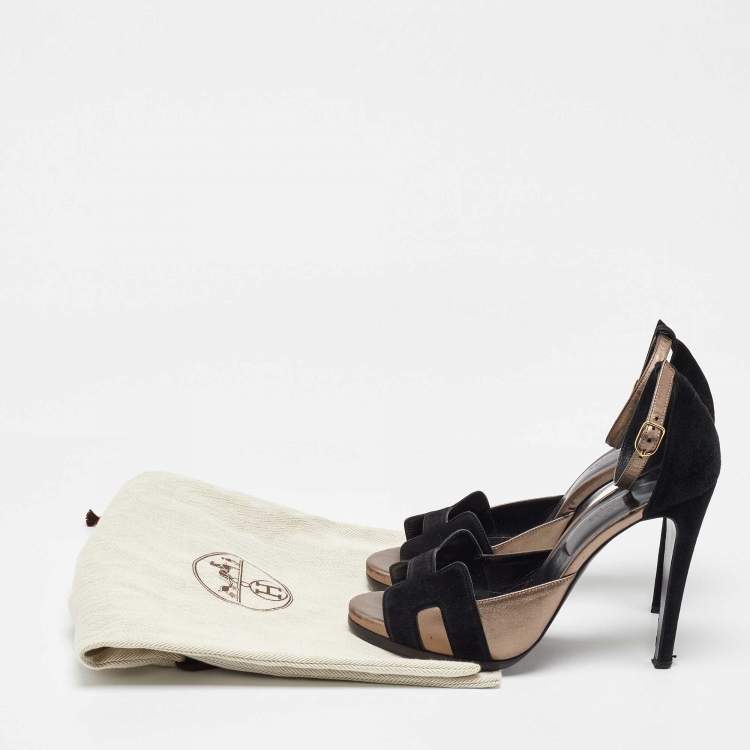 Pre Owned Hermes Black/Grey Leather and Suede Premiere Ankle Strap Sandals Size 40