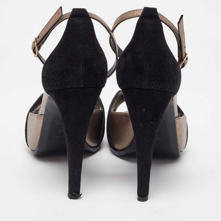 Pre Owned Hermes Black/Grey Leather and Suede Premiere Ankle Strap Sandals Size 40