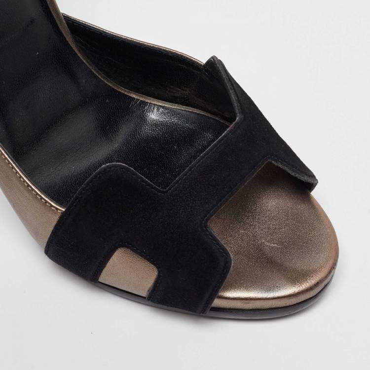 Pre Owned Hermes Black/Grey Leather and Suede Premiere Ankle Strap Sandals Size 40