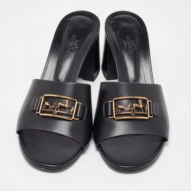 Pre Owned Hermes Black Leather Bastille Sandals Size 39.5