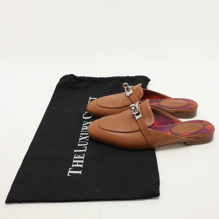 Pre Owned Hermes Brown Leather Oz Mules Size 35