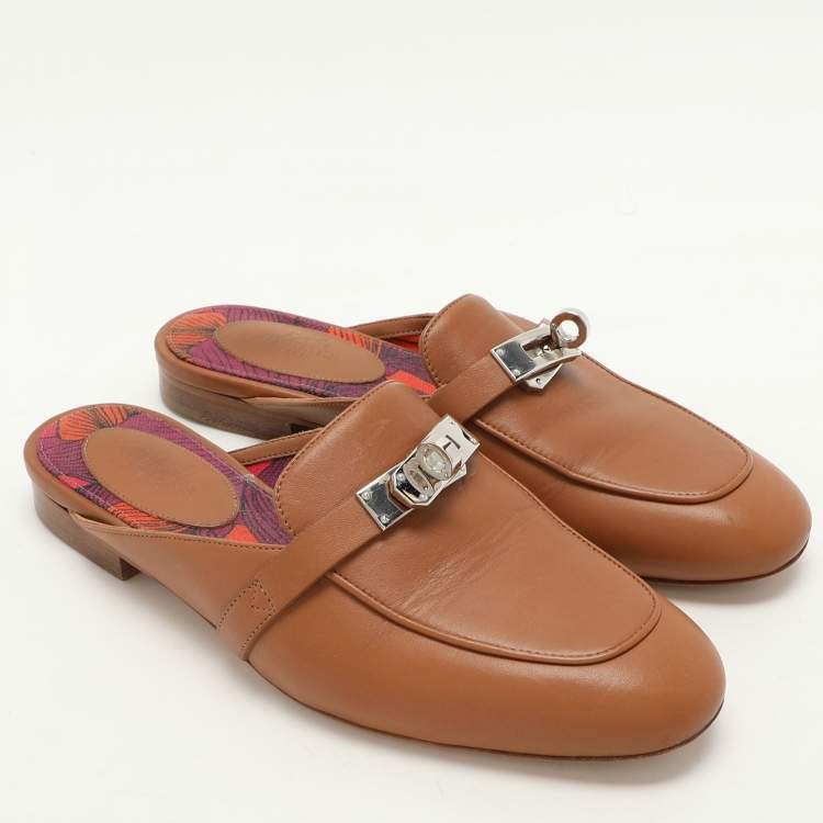 Pre Owned Hermes Brown Leather Oz Mules Size 35