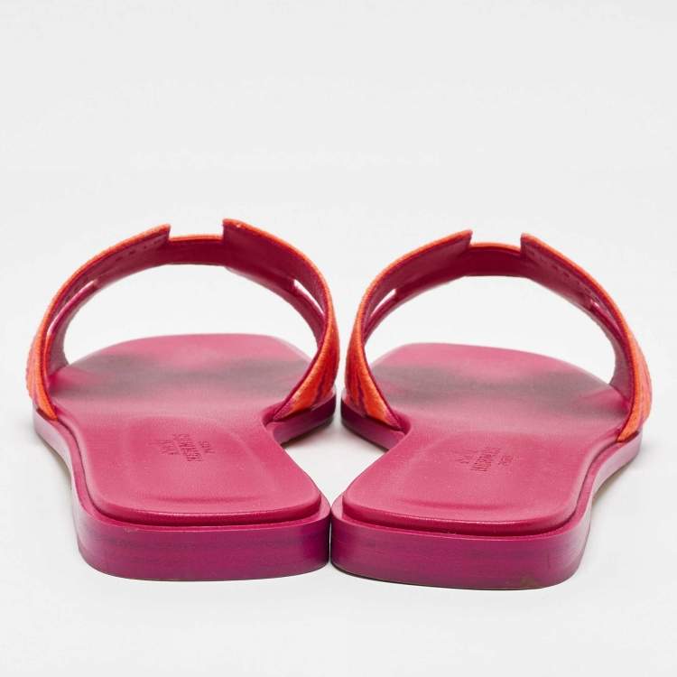 Pre Owned Hermes Orange/Rose Pink Canvas Oran Flat Sandals Size 38