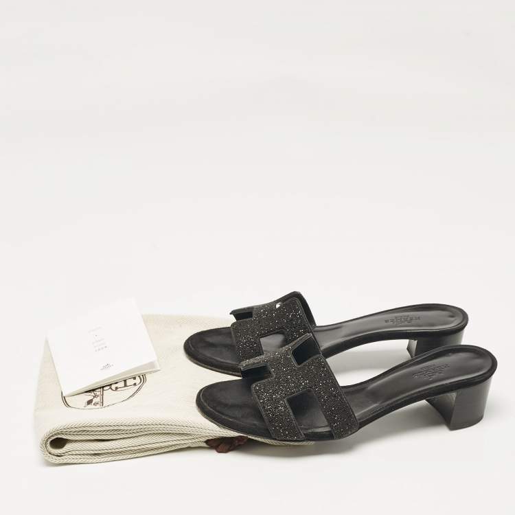 Pre Owned Hermes Black Glitter and Suede Oasis Slide Sandals Size 36.5