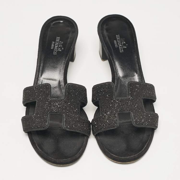 Pre Owned Hermes Black Glitter and Suede Oasis Slide Sandals Size 36.5