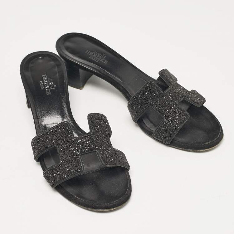 Pre Owned Hermes Black Glitter and Suede Oasis Slide Sandals Size 36.5