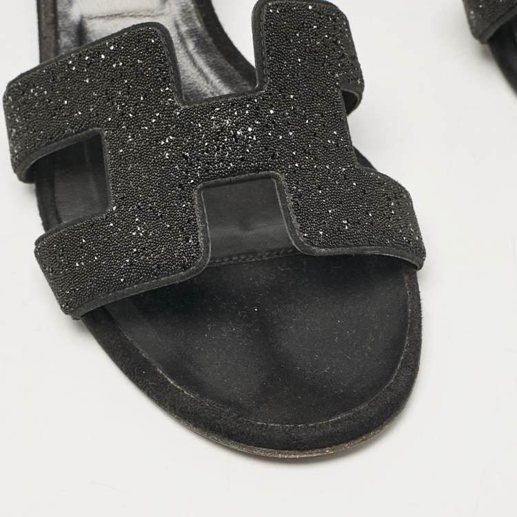 Pre Owned Hermes Black Glitter and Suede Oasis Slide Sandals Size 36.5