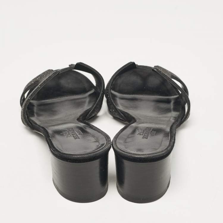 Pre Owned Hermes Black Glitter and Suede Oasis Slide Sandals Size 36.5