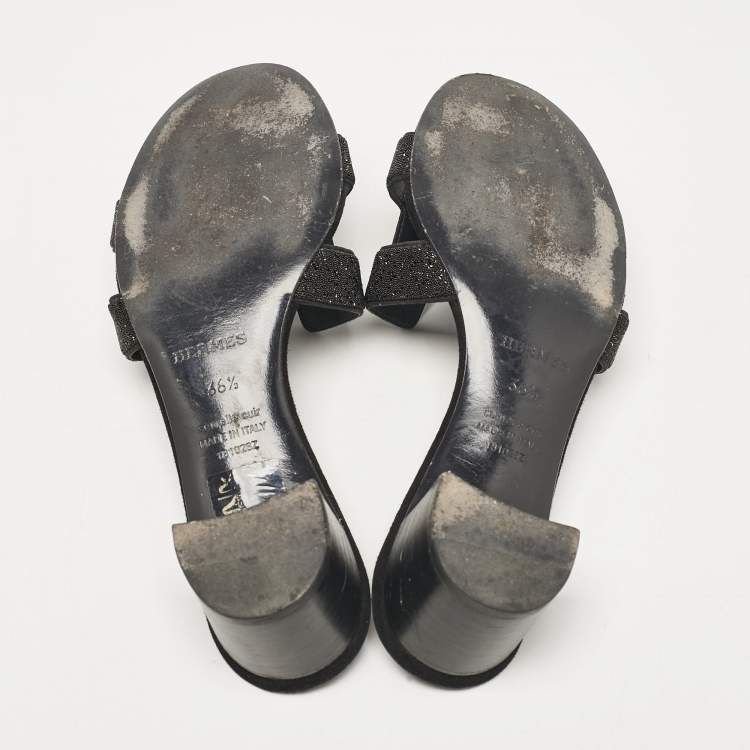 Pre Owned Hermes Black Glitter and Suede Oasis Slide Sandals Size 36.5