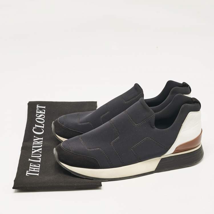 Pre Owned Hermes Black Leather Neoprene Slip On Sneakers Size 38
