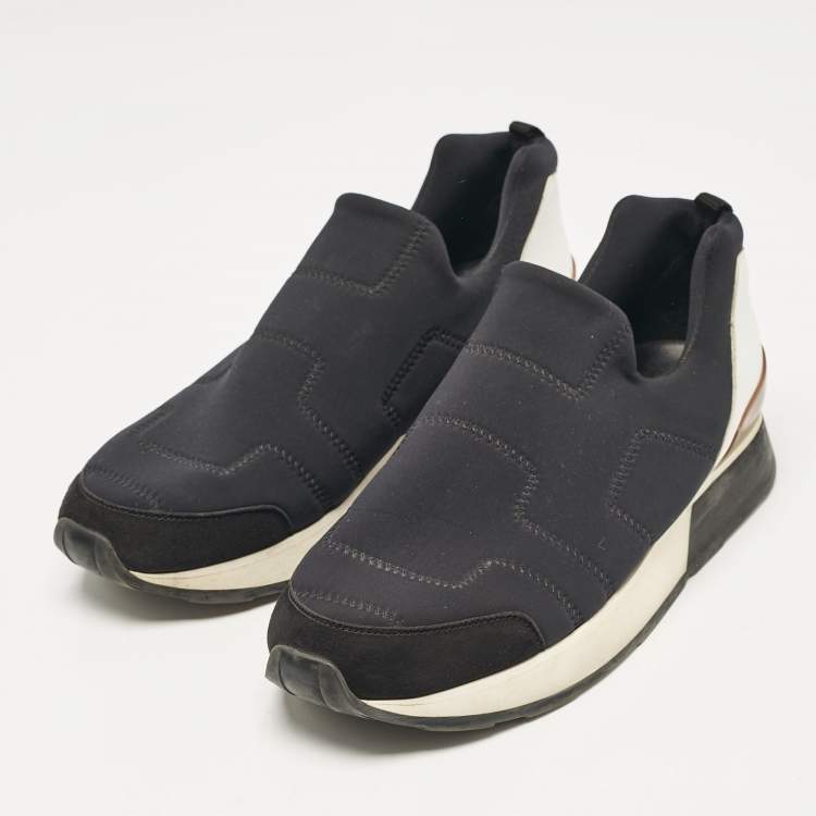 Pre Owned Hermes Black Leather Neoprene Slip On Sneakers Size 38