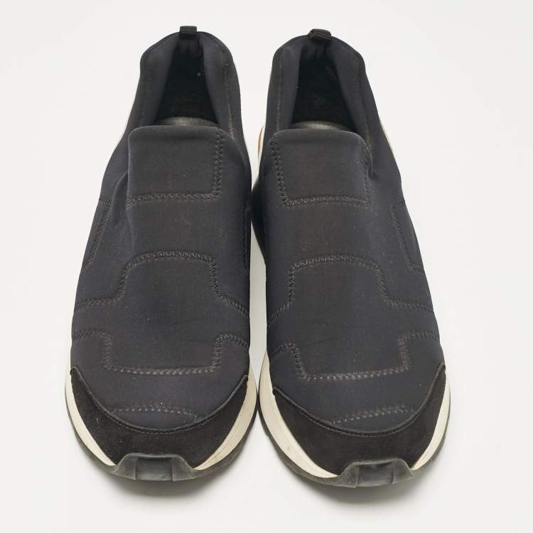 Pre Owned Hermes Black Leather Neoprene Slip On Sneakers Size 38