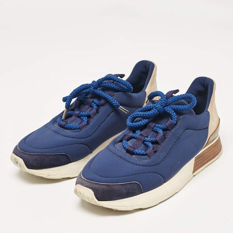 Pre Owned Hermes Blue Neoprene and Suede Miles Lace Up Sneakers Size 38