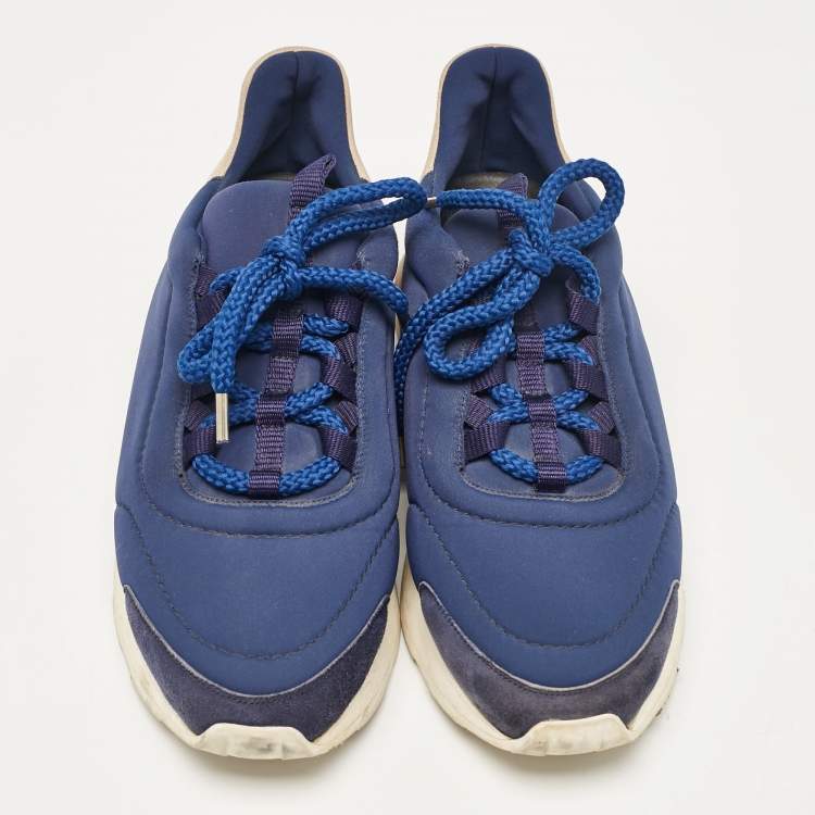 Pre Owned Hermes Blue Neoprene and Suede Miles Lace Up Sneakers Size 38