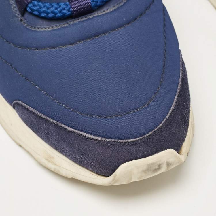Pre Owned Hermes Blue Neoprene and Suede Miles Lace Up Sneakers Size 38