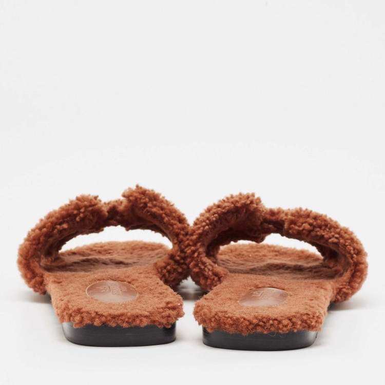 Pre Owned Hermes Brown Shearling Fur Oran Flat Slides Size 39