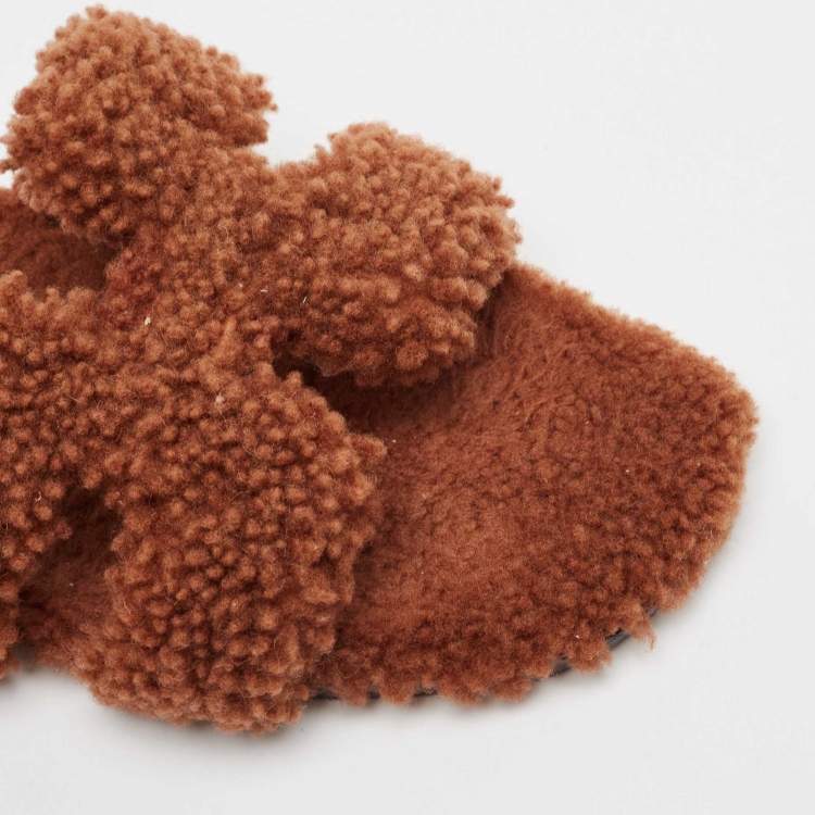 Pre Owned Hermes Brown Shearling Fur Oran Flat Slides Size 39