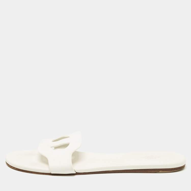 Pre Owned Hermes White Leather Lisboa Flat Slides Size 40