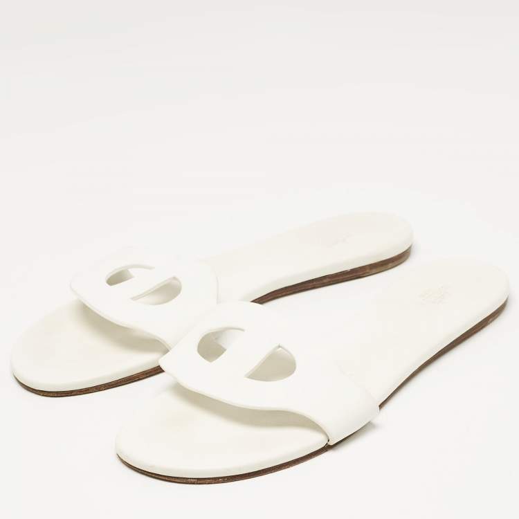 Pre Owned Hermes White Leather Lisboa Flat Slides Size 40