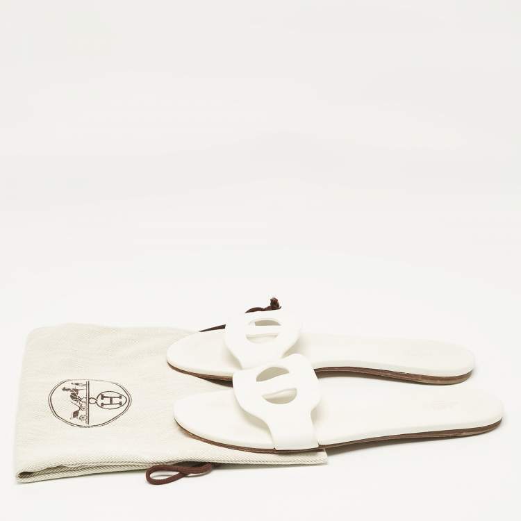 Pre Owned Hermes White Leather Lisboa Flat Slides Size 40