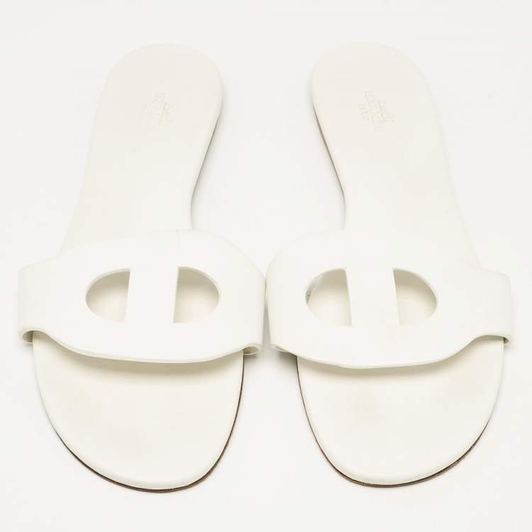 Pre Owned Hermes White Leather Lisboa Flat Slides Size 40
