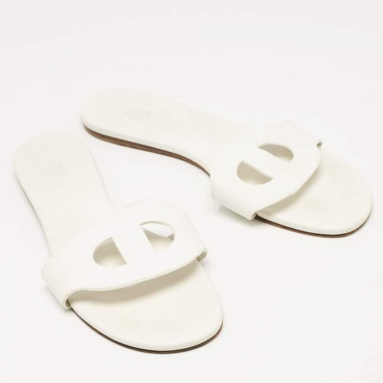 Pre Owned Hermes White Leather Lisboa Flat Slides Size 40