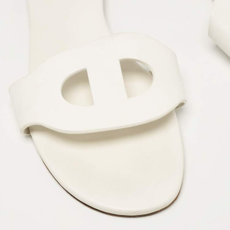 Pre Owned Hermes White Leather Lisboa Flat Slides Size 40