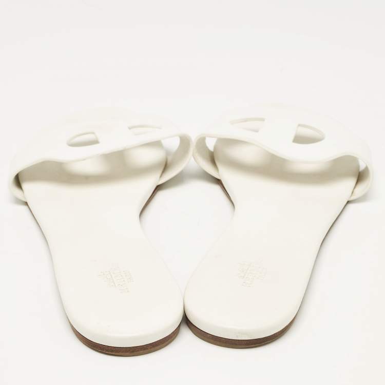 Pre Owned Hermes White Leather Lisboa Flat Slides Size 40