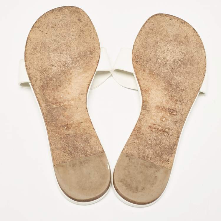 Pre Owned Hermes White Leather Lisboa Flat Slides Size 40