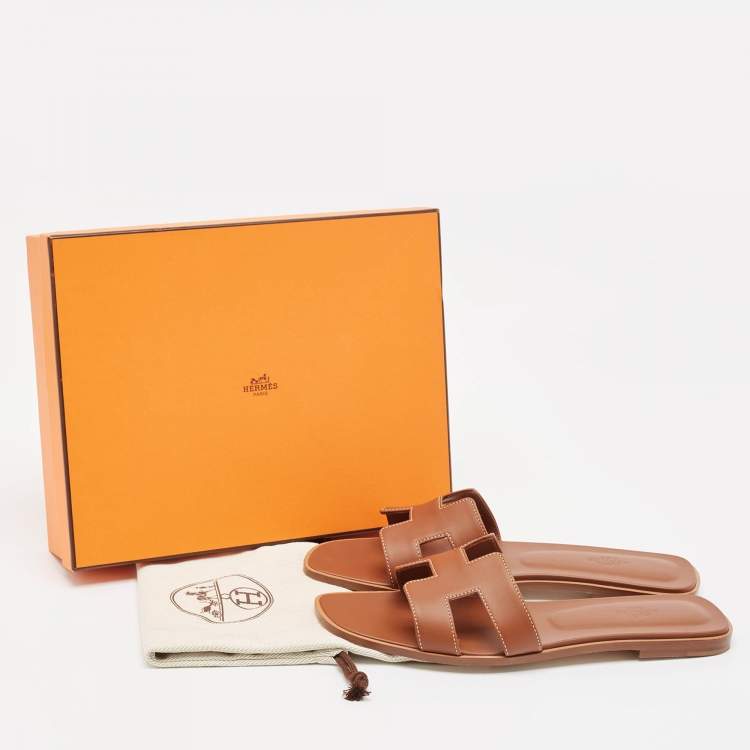 Pre Owned Hermes Brown Leather Oran Flat Slides Size 42